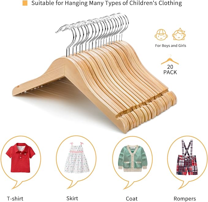 Nature Smile Juniors Preteen Older Children Wooden Coat Hangers 14 Inches Wood Dress Shirt Jacket Hangers with Anti-Rust Hook (20 Pack Natural)