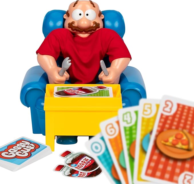 Gassy Gus, The interactive gut-busting game that's a hoot when you toot! Feed Gus gassy foods, but watch out for the big blast of gas! Packed with hilarious sounds, it's Ideal for 2-4 players ages 4+