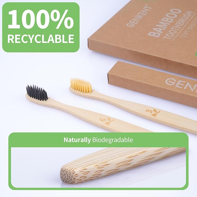 GENKENT 12 Counts Bamboo Toothbrushes BPA Free Soft Bristles Travel Toothbrush Natural Charcoal Toothbrush