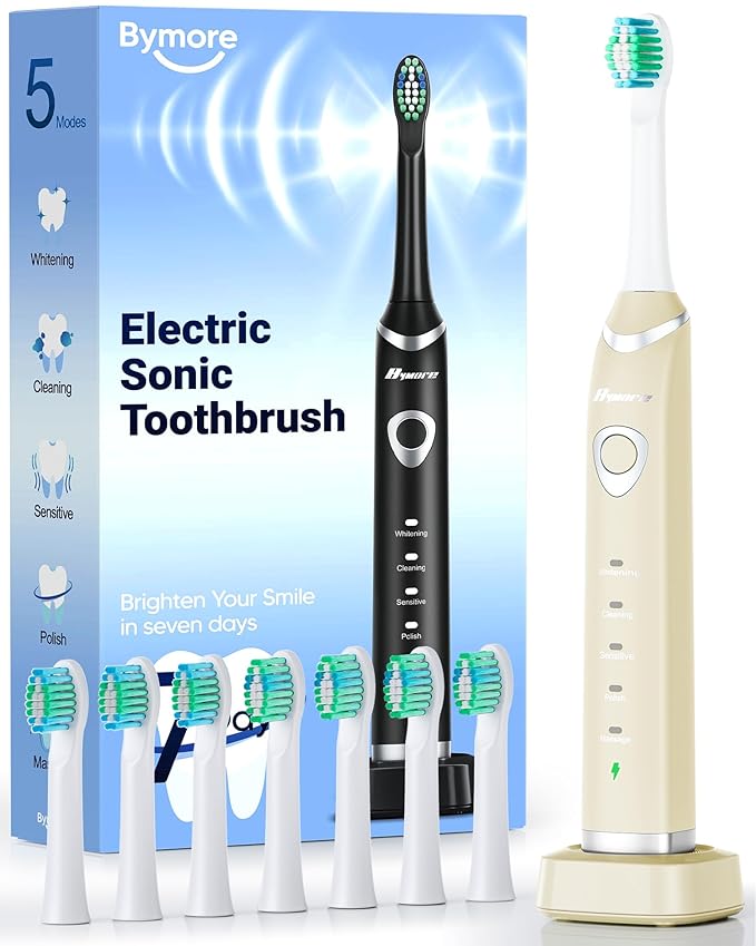 Bymore Electric Toothbrush for Adults, Toothbrushes Set with 8 Replacement Teeth Brush Heads, Portable Brushing with 5 Clean Modes Oral Care Essentials One Charger Last for 330 Days (Beige)