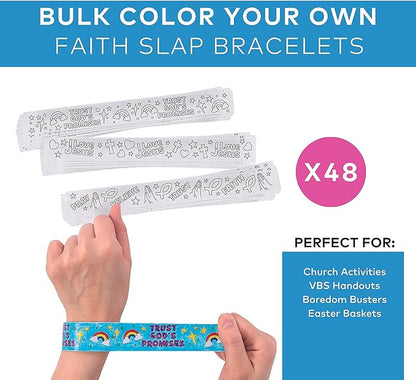 Fun Express Color Your Own Faith Slap Bracelets - VBS and Sunday School Craft Kits - Bulk Set of 48