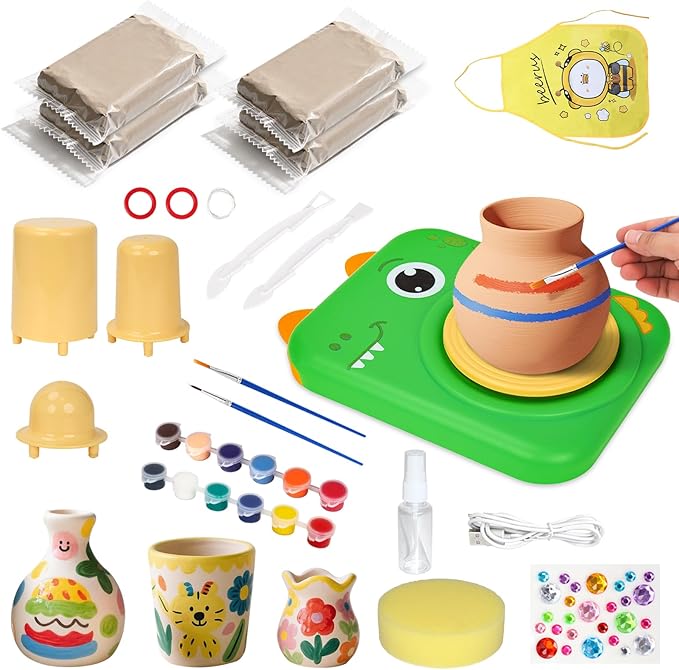 YOOIU Pottery Wheel for Kids, Complete Pottery Making Kit for Kids Ages 6-12, STEM Toys Arts Crafts with 4 Air-Dry Clays, Electric Children's Art Supplies Toy Birthday Gift for Girls 6-8-12