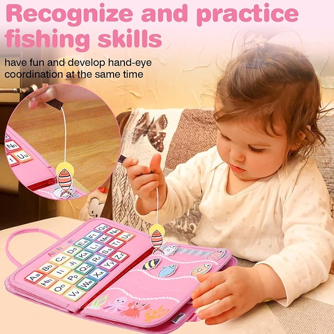 JHkim Busy Board for Toddlers, Sensory Board Travel Toys Gifts for 1 2 3 4 Year Old Girls Boys, Montessori Toys to Learn Fine Motor Skills, Educational Activities Busy Book for Airplane Car (Pink)