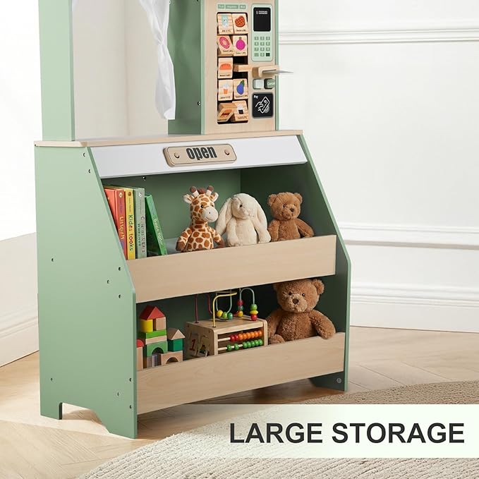 Kids Grocery Store Pretend Play, Puppet Theater&Grocery Store Playset Toy Double-Sided, Toddler Supermarket Toy Cash Register w/Blackboard, Display Shelves, Gift for Boys Girls, Green