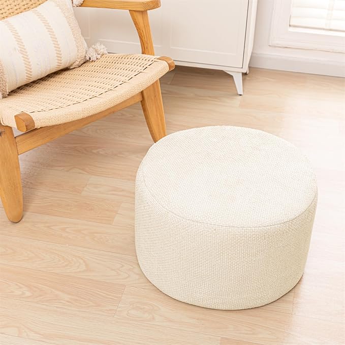 Pouf Ottoman Foot Rest Living Room Decor Floor Pouf Lightweight 20x12 Inches Modern Stuffed Poof Foot Stool Perfect Underdesk Foot Rest for Office (Cream)