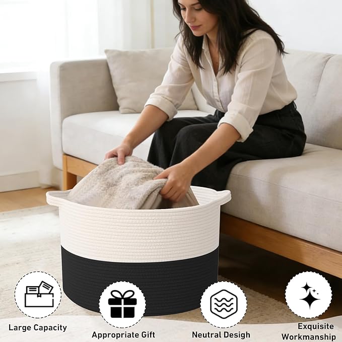 65L Large Blanket Basket,Cotton Rope Woven Storage Basket with Handles, Laundry Hamper for Toys, Clothes, Pillows & Towels, Perfect for Living Room, Nursery & Bedroom,White&Black