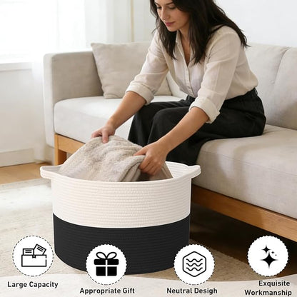 90L Extra Large Blanket Basket,Rope Woven Storage Basket with Handles, Laundry Hamper for Toys, Clothes, Pillows & Towels, Perfect for Living Room, Nursery & Bedroom,White&Black