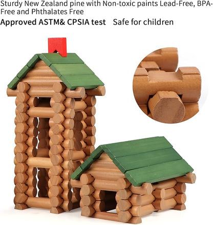 Wondertoys 328 Pcs Wooden Logs Set Ages 3+, Classic Building Log Toys for Kids, Creative Construction Engineering Educational Gifts