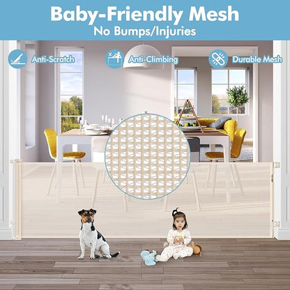75 Inch Wide Retractable Baby Gate Retractable Dog Gate Indoor/Outdoor Retractable Gate, Long Baby Gate Wide Dog Gates for The House, Mesh Baby Gate Retractable Child Gates for Doorways/Stairs, Beige