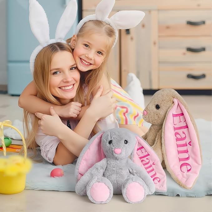Personalized Bunny Stuffed Animal with Custom Name Embroidered, Soft Plush Rabbit for Baby Girls & Boys, Emotional Support Toy for Toddlers 1-3, 1st Birthday Gift, Grey, 10" 13" 16"