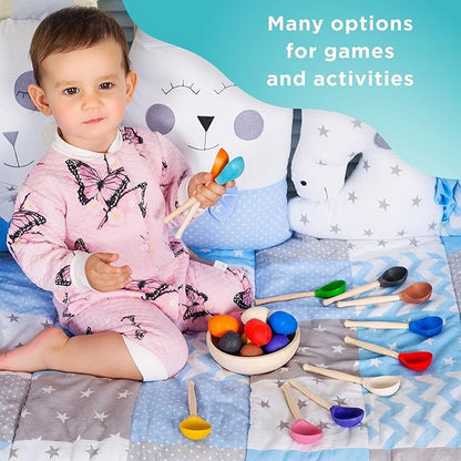 Ulanik Eggs and Spoons Toddler Montessori Toys for 1 Year Old + Kids Wooden Eggs Baby Matching Game for Learning Color Sorting and Counting — 12 pcs, 1.8 in
