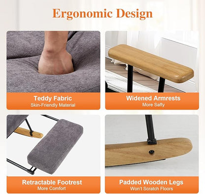 Rocking Chair with Footrest-Glider Rocker Chair with Retractable Footrest and Adjustable Backrest, Teddy Upholstered Rocking Chair, Modern Accent Chair for Living Room/Nursery/Bedroom/Outdoor-Grey