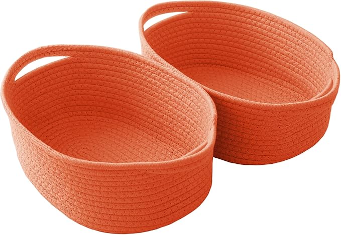 JMvicyroam Woven Basket,Small Rope Storage Bin with Handles & Ribbon Bag, Organizer for Shelves Closets,Gift Basket Empty for Birthday,Books,Dog Toys, Orange/2 Pack