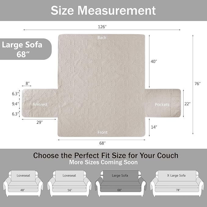 Quilted Beige Sofa Slipcovers with Pockets, Anti-Slip Medallion Couch Covers for 3 Cushion Sofa, Couch Cover for Dogs Cats Water-Repellent Machine Washable (Large Sofa 68", Beige Cream)