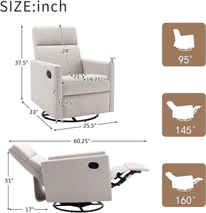 Merax Modern Modern Soft Linen Swivel Push Back Rocker Recliner w/Headsupport Adjustable Nursery Glider Chair for Living Room, Bedroom Tan