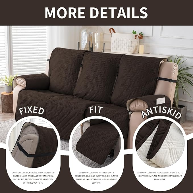 Easehomey Waterproof Recliner Sofa Cover,Non-Slip Reclining Sofa Covers for 3 Seat,Washable Reclining Sofa Cover Furniture Protector with Elastic Straps Pocket for Kids, Pets(Chocolate,3Seat)