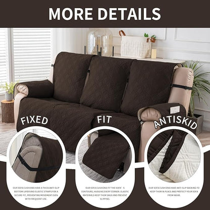 Easehomey Waterproof Recliner Sofa Cover,Non-Slip Reclining Sofa Covers for 3 Seat,Washable Reclining Sofa Cover Furniture Protector with Elastic Straps Pocket for Kids, Pets(Chocolate,3Seat)