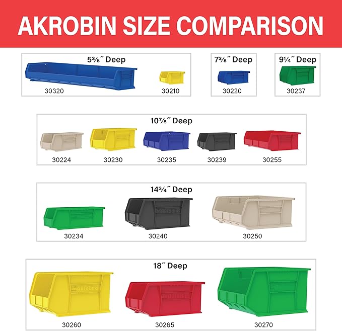 Akro-Mils 30235 AkroBins Plastic Storage Bins, Space-Saving Stackable Bins for Garage, Pantry, Craft Organization, 11" x 11" x 5", Stone, 6-Pack