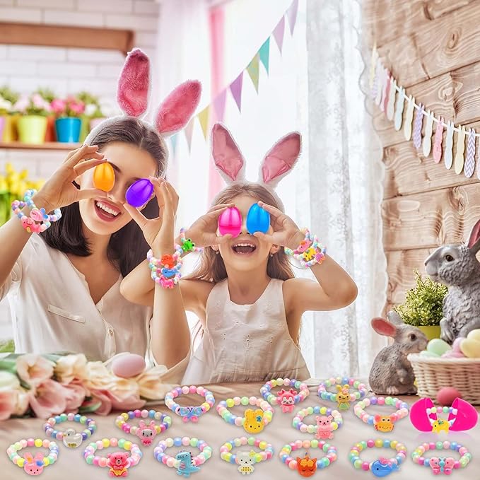 24 Pcs Easter Egg Filled with Bracelets Inside for Girls Toddler Kids, 24 Different Colorful Bead Bracelets Easter Basket Stuffers Gift, Girls Easter Egg Hunt Party Favors Classroom Prize Supplies