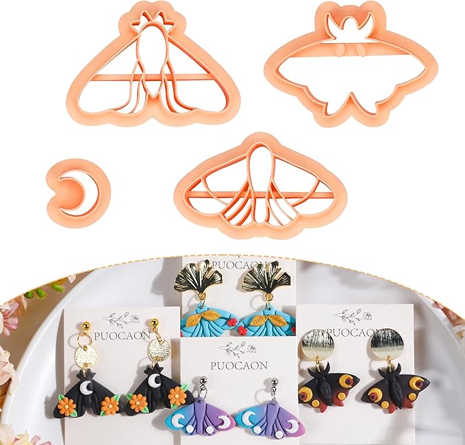 Puocaon Celeste Moth Clay Cutters - 4 Shapes Polymer Clay Cutters for Earrings, Moth Moon Shape Clay Cutters for Polymer Clay Jewelry Making, Mystical Moth Clay Cutter Supplies Clay Earring Cutters