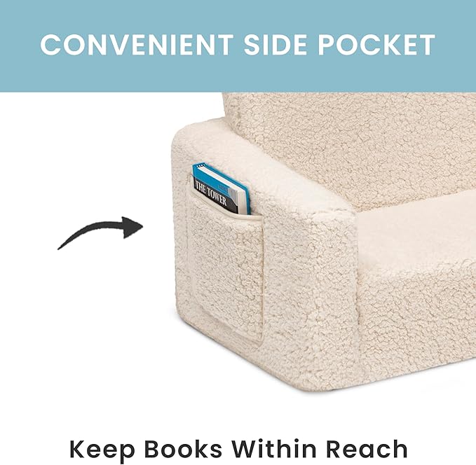 Delta Children Cozee Flip-Out Sherpa 2-in-1 Convertible Chair to Lounger for Kids, Cream