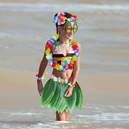 Fortuning's JDS Boys Girls Hawaiian Flowers Leaf Grass Skirts Garland Costume Set Beach Party Favors