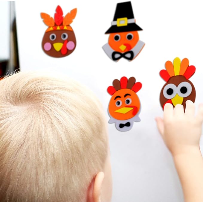 12 Pieces Thanksgiving Turkey Head Magnet Craft Kit Self-Adhesive DIY Turkey Craft Kit Festive Fall Thanksgiving Party Game School Home Activities and Refrigerator Decoration Supplies for Kids Adults