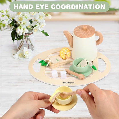 Asweets Wooden Tea Set for Little Girls,Tea Party Set Play Kitchen Accessories for Kid Playset Pretend Toddler Tea Set Toy