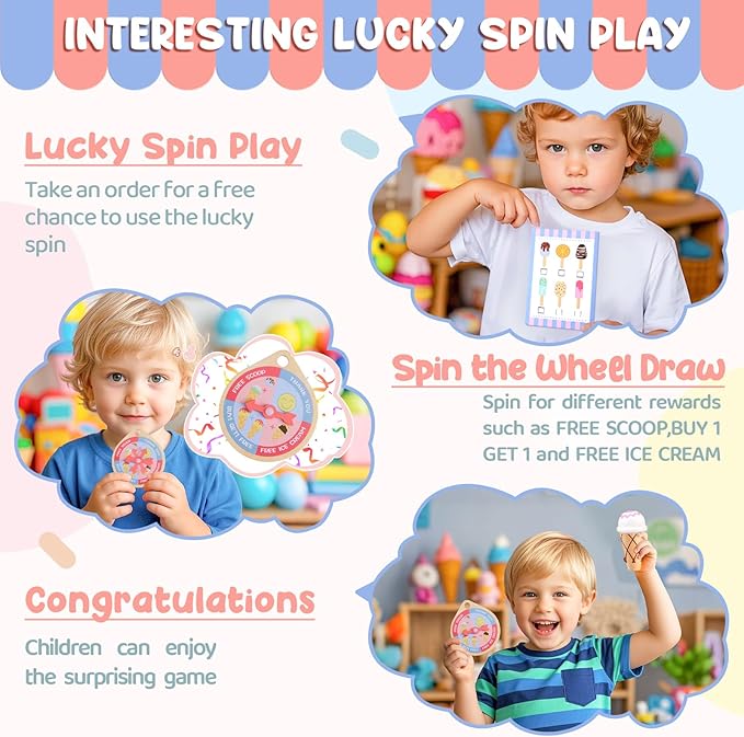 Ehome Wooden Ice Cream Toys Set Pretend Play Food Store for Kids Serve Ice Cream Counter Shop Kitchen Playset with Lucky Wheel, Scoop, Menu, Fake Money for Boys and Girls Ages 3 4 5 6