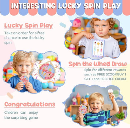 Ehome Wooden Ice Cream Toys Set Pretend Play Food Store for Kids Serve Ice Cream Counter Shop Kitchen Playset with Lucky Wheel, Scoop, Menu, Fake Money for Boys and Girls Ages 3 4 5 6
