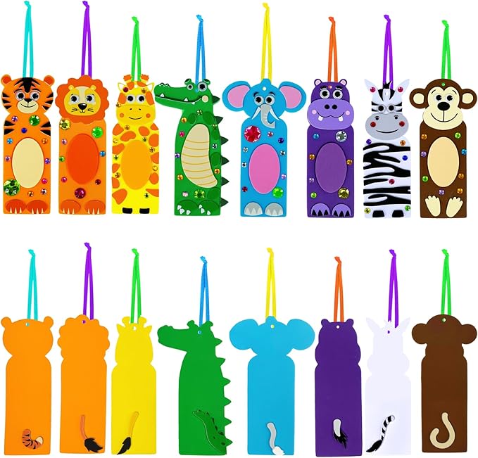 Winlyn 32 Sets Jungle Animal Craft Kits DIY Jungle Safari Zoo Wild Animal Bookmarks Decorations Art Sets Tiger Lion Zebra Foam Stickers for Kids Classroom Activities Reading Rewards Party Favors