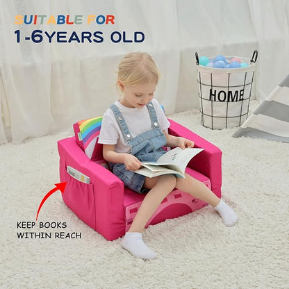 MallBest Kids Sofas Children's Sofa Bed Baby's Upholstered Couch Sleepover Chair Flipout Open Recliner(Rose red/Castle)