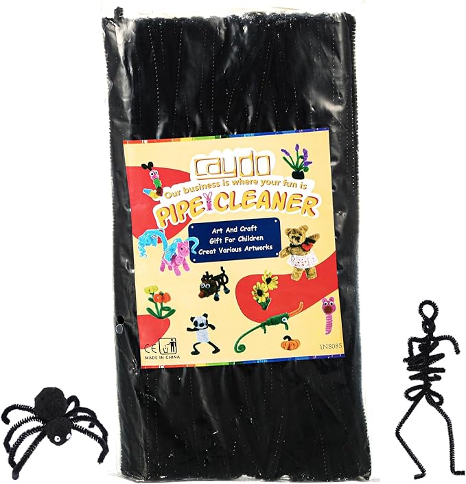 Caydo 200 Pieces Halloween Black Pipe Cleaners Craft Chenille Stems Bulk for Kids DIY Art Creative Crafts and Halloween Decoration (12 Inch x 6 mm)