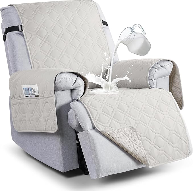 VANSOFY 100% Waterproof Recliner Chair Covers, Recliner Cover Non-Slip Dog Chair Cover Furniture Protector Washable Slipcover with Pocket, Elastic Straps for Pets, Dogs(Off White, 30")