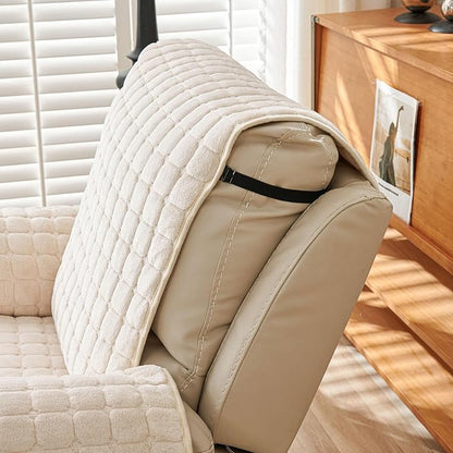 Quilted Recliner Chair Covers, Plush Non Slip Chair Slipcover Soft Washable Couch Cover Furniture Protector with Elastic Straps and Pocket for Kids, Dogs, Pets (Beige, 1 Seater)