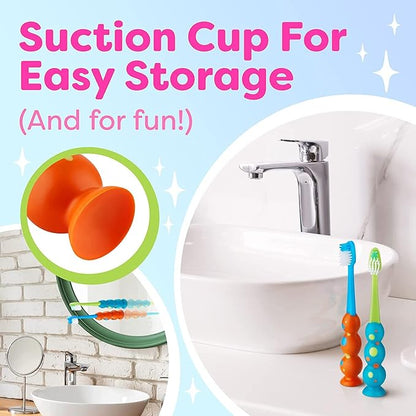 Trueocity Kids Toothbrush 2 Pack - Soft Contoured Bristles - Child Sized Brush Heads (3-10 Year Old) - Suction Cup for Fun & Easy Storage - Girl & Boy Set (2-Pack, Blue & Orange)