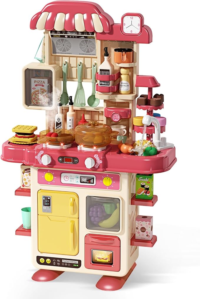 Deejoy 48Pcs Kitchen Playset for Boys & Girls, Kid Play Kitchen with Realistic Lights & Sounds, Spray Sink, Pretend Food Toys Kitchen for Toddlers (Red)