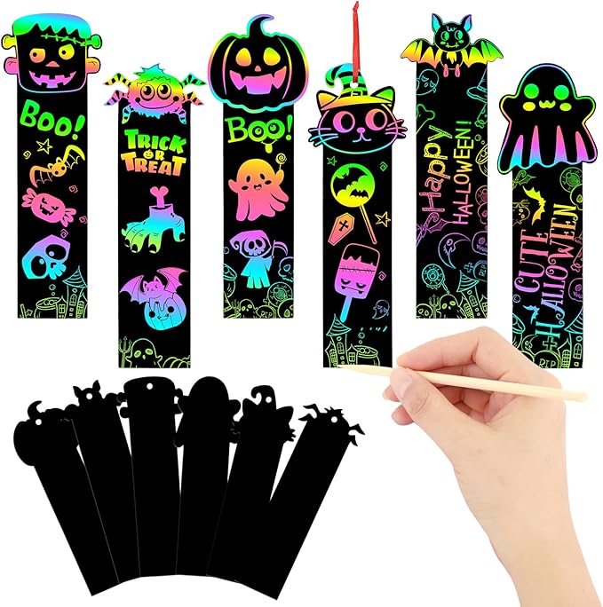 JUNEBRUSHS 30Pcs Halloween Scratch Bookmarks, Rainbow Magic Scratch Paper Art Pumpkin Bat Spider DIY Crafts Kit for School Classroom Activity Halloween Gifts