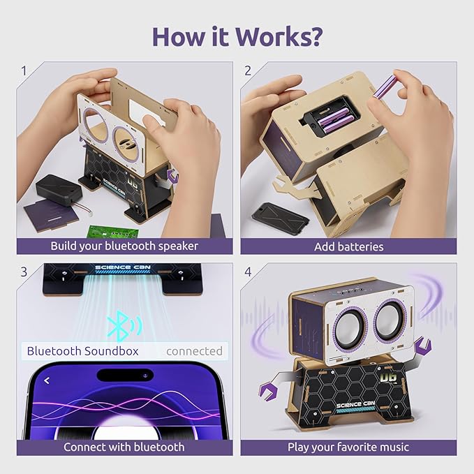 Science Can STEM Toys for Ages 8-13, DIY Bluetooth Speaker Kit with Rotating Head Robot, Electronic Stem Kits with Wooden Puzzles, Educational Building Toy, Birthday Gift for Boys & Girls