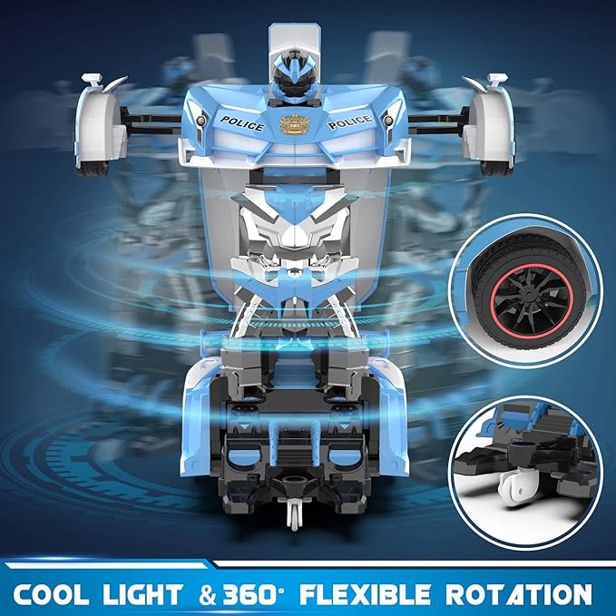 FDJ RC Cars - Transform Remote Control Car, 2.4Ghz 1:18 Scale Transforming Police Car Toy with Flashing Light, One Button Deformation 360 Degree Rotating Drifting Kids Toys Car for Boys Girls