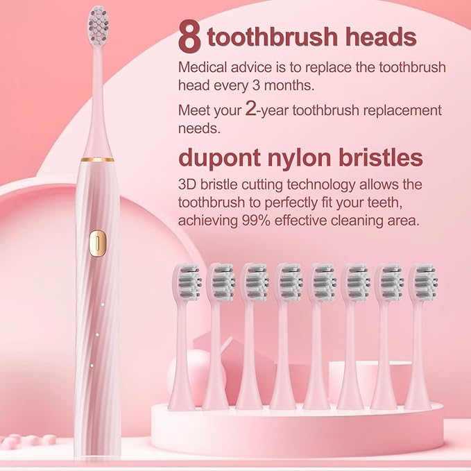 Electric Toothbrush for Adults and Kids, Sonic Electric Toothbrush, 4 Modes and 2 Minute Timer, 30000-45000VPM Power Toothbrush, IPX8, One Charge for 90 days 8 Replacement Head, Christmas Gift (Pink)