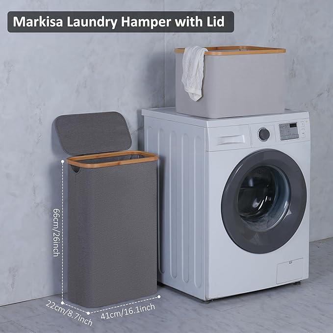 Slim Laundry Basket,60L Laundry Hamper with Lid, Tall Hamper for Laundry,Dirty Cloth Hamper with Bamboo Handle for Toys,Towels, Clothes Organizing,Grey