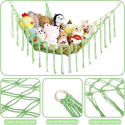 Boho Stuffed Animals Net or Hammock Large,55 inch Toy Hammock Macrame Stuff Animal Storage Corner Hanging Net Holder,Mesh Hammock Plush Toy Organizer with Hooks for Bedroom,Nursery (Light Green)