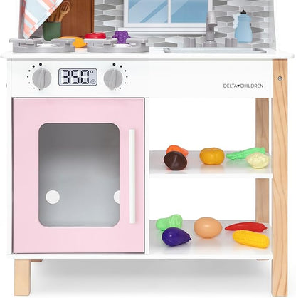 Delta Children Tiny Chef Play Kitchen - Toy Kitchen Playset with Realistic Knobs That Turn/Click, Oven, Sink, Microwave and 15 Pieces of Play Food, Pink