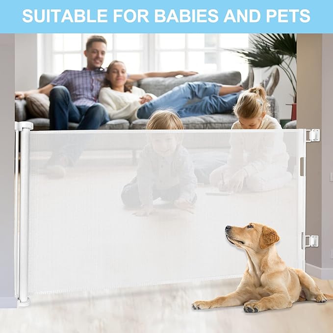 120 Inch Extra Wide Baby Gate for Doorways Extra Long Retractable Baby Gates Dog Gate for The House Large Pet Gate for Dogs Indoor Child Gates for Wide Openings Mesh Baby Gates for Dogs (White)
