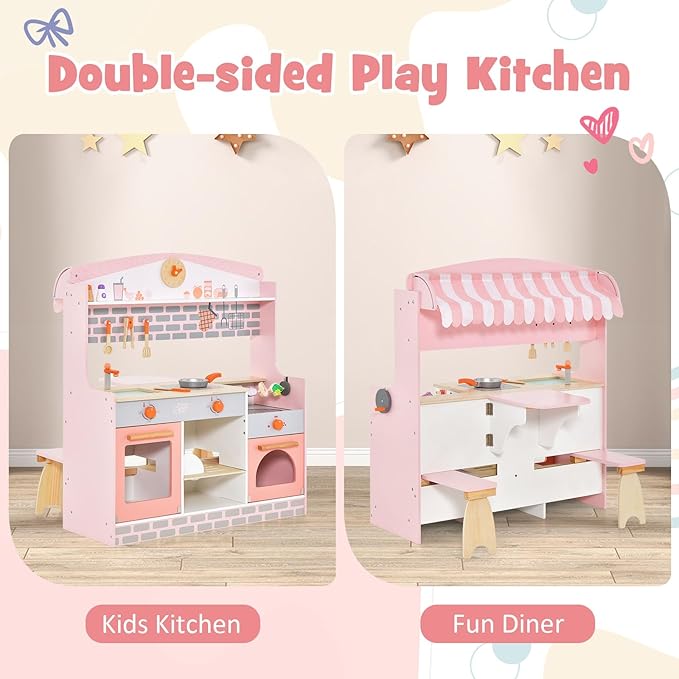 HONEY JOY Kids Kitchen Playset, 3-in-1 Double Side Wooden Little Chef Pretend Play Toy Kitchen Set for Toddlers & Barbecue Grill Set & Restaurant, Retractable Seat & Canopy, Gift for Boys Girls, Pink