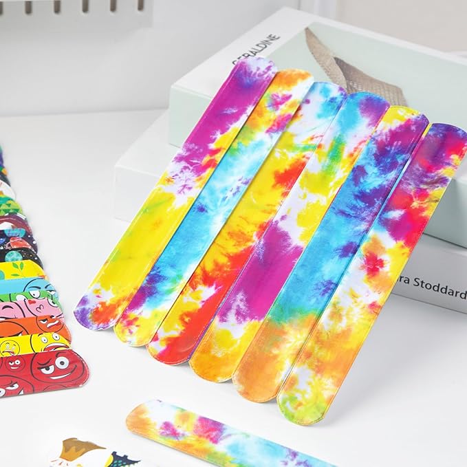 POPLAY 48PCS Kids Slap Bracelets, Slap Wristbands Bulk Tie Dye Bracelets Dinosaurs Mermaid Space Galaxy for Party Favors Classroom Prizes Exchanging Gifts