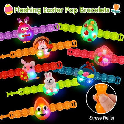 NPET LED Light Up Bracelets 10 Packs Easter Party Favors for Kids, Pop Fidgets Bracelets Glow in The Dark Egg Fillers Goody Bag Stuffers for Kids Boys Girls Glow in the Dark Bracelets