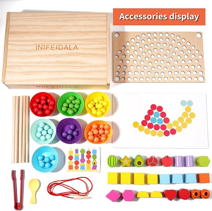 INIFEIDALA Toddler Learning Montessori Toys for 3 4 5 6 Year Old,Rainbow Stacking & Lacing Beads & Matching Shape Stacker - Wooden Peg Board Beads Sequencing Toy Set - Fine Motor Skills Toys