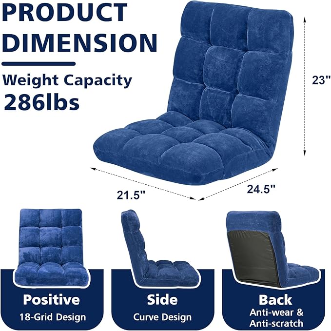 Folding Floor Chair 14-Position Cushioned Adjustable Floor Lazy Sofa Chair w/Breathable Cotton & Skin-Friendly Flannel for Adults & Kids Ideal for Reading Meditating, Navy